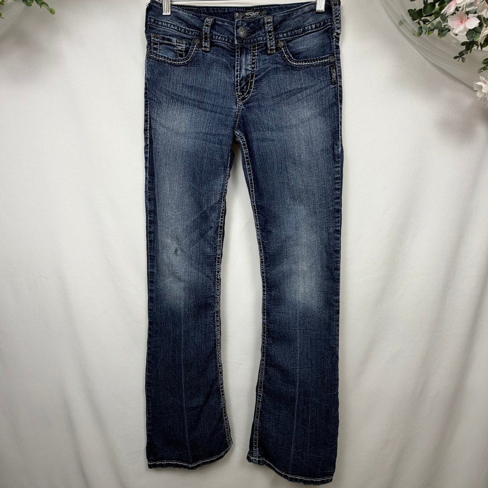 Silver Jeans Co Suki Mid Rise Bootcut Dark Wash Denim W28 L32 Contrast Stitch